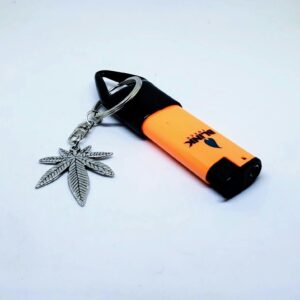 Key Ring-Soft Connected, Orange-Refillable Lighter with Cannabis Flower Pendant