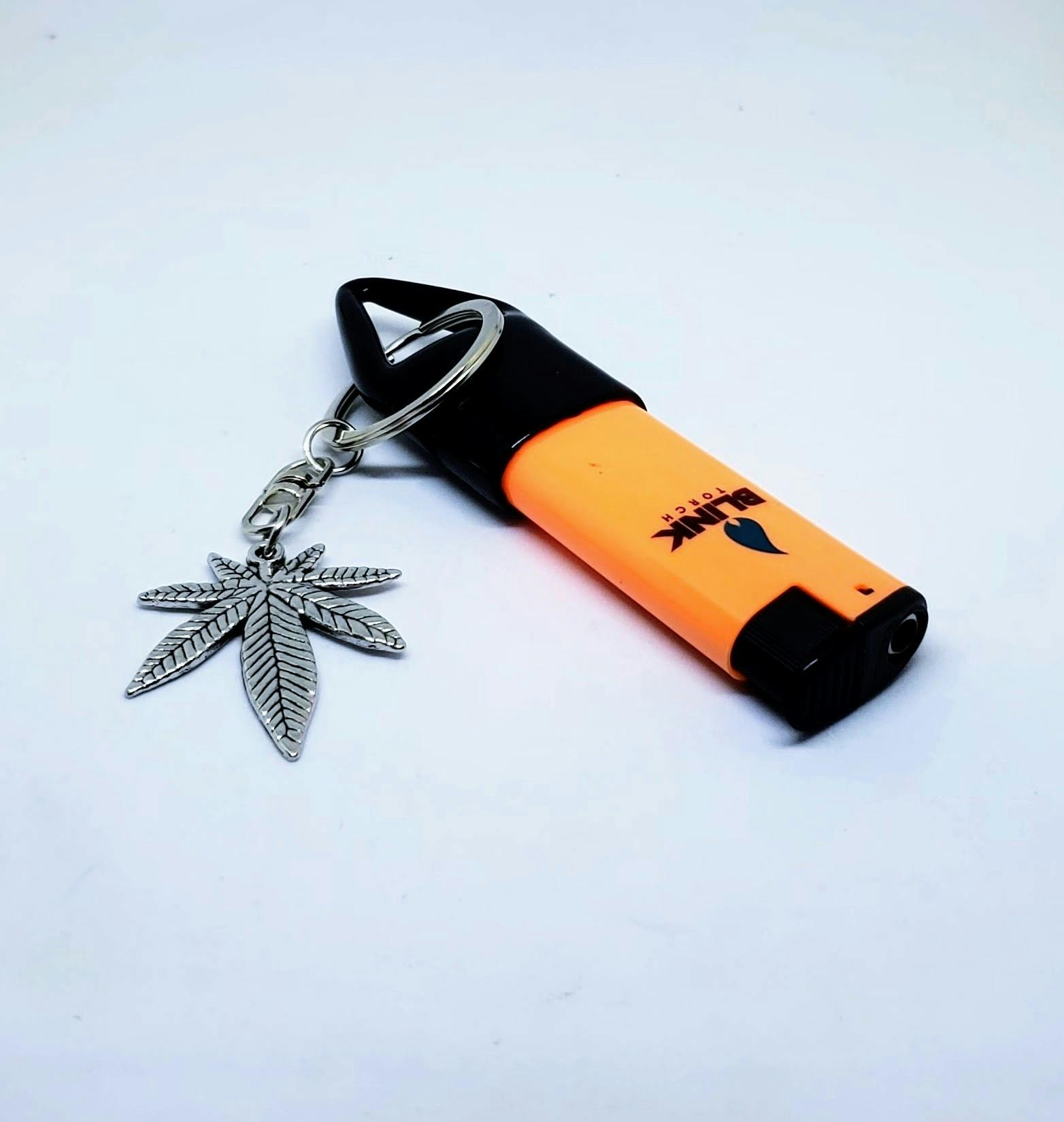 Key Ring-Soft Connected, Orange-Refillable Lighter with Cannabis Flower Pendant
