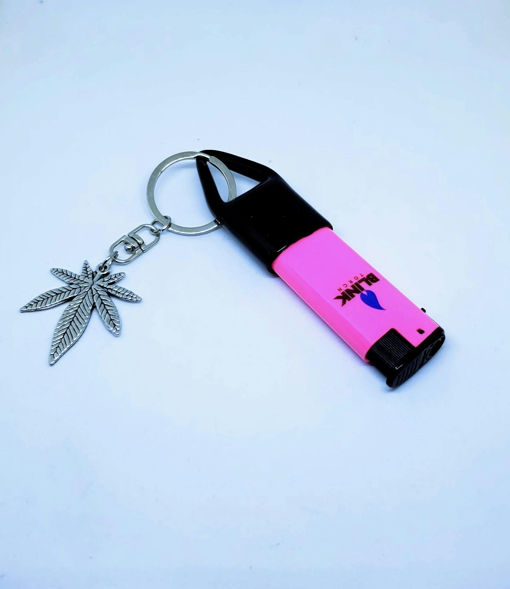 Key Ring-Soft Connected, Pink-Refillable Lighter with Cannabis Flower Pendant