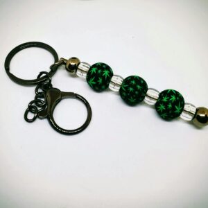 Key Ring-3" Black Zinc Alloy Bar HD, Soft Silicone Cannabis Beads, Clear Spacers, & Hook