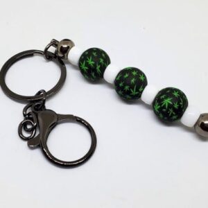 Key Ring-3" Black Zinc Alloy Bar HD, Soft Silicone Cannabis Beads, White Spacers, & Hook