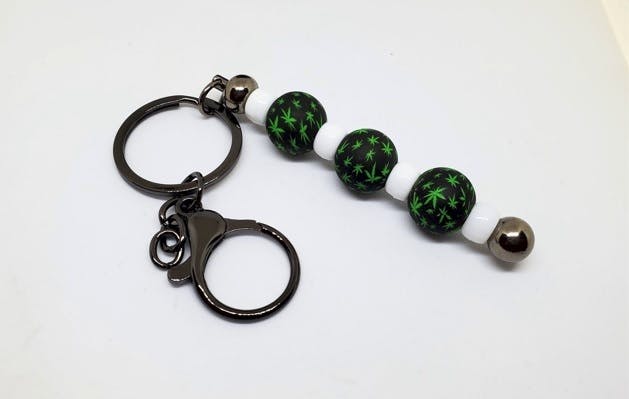 Key Ring-3" Black Zinc Alloy Bar HD, Soft Silicone Cannabis Beads, White Spacers, & Hook